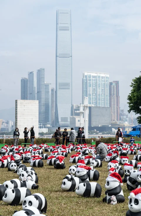 香港中山纪念公园迎来2500只大熊猫雕塑，市民游客尽享节日氛围